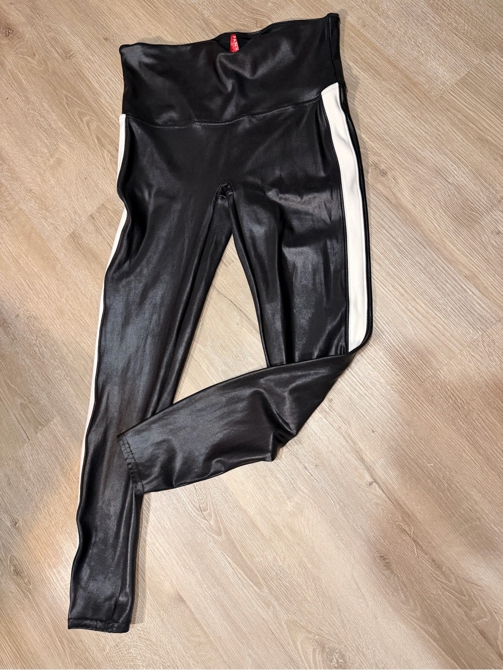SPANX Faux Leather Compression Leggings Black White Side Stripe XL